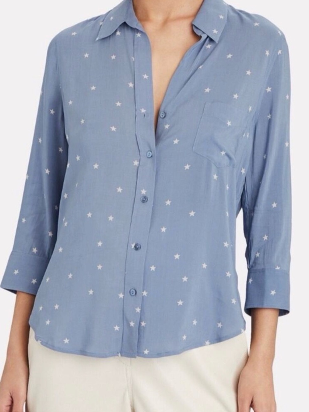 L'AGENCE Light Blue RyanStar-Print Button-Down Shirt 3/4 Sleeve